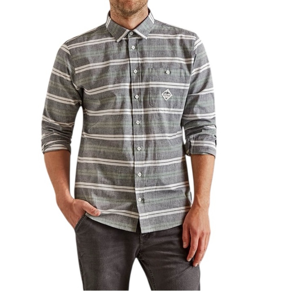 Maloja Men’s Gray Stripe Cotton Button Up Collared Long Sleeve Shirt-Small